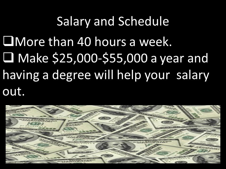 Salary and Schedule  More than 40 hours a week.