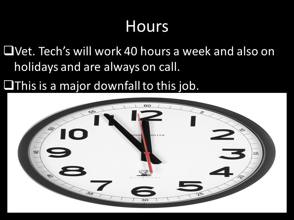 Hours  Vet. Tech’s will work 40 hours a week and also on holidays and are always on call.