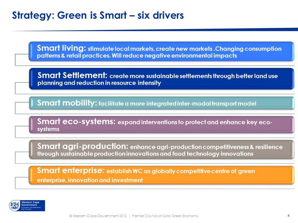 © Western Cape Government 2012 | Strategy: Green is Smart – six drivers 4 Premier Council on Skills: Green Economy Smart living: stimulate local markets, create new markets.Changing consumption patterns & retail practices.