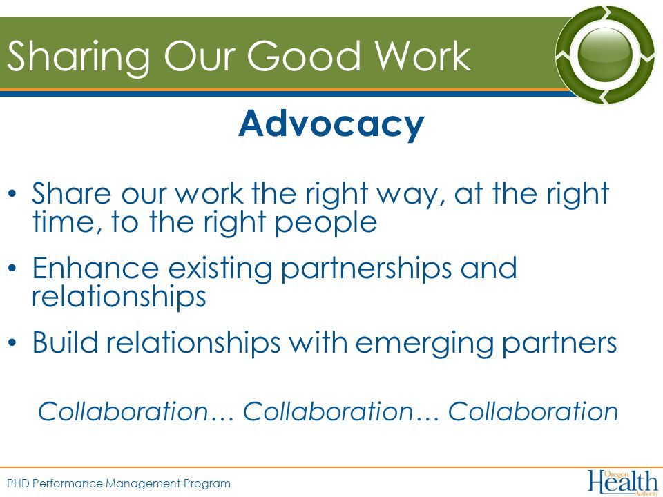 PHD Performance Management Program Sharing Our Good Work Advocacy Share our work the right way, at the right time, to the right people Enhance existing partnerships and relationships Build relationships with emerging partners Collaboration… Collaboration… Collaboration