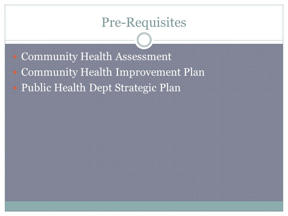 Pre-Requisites Community Health Assessment Community Health Improvement Plan Public Health Dept Strategic Plan