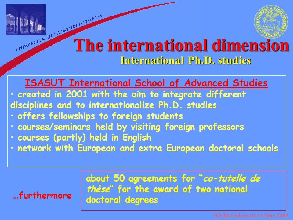 WEM, Lisbon May 2003 The international dimension International Ph.D.
