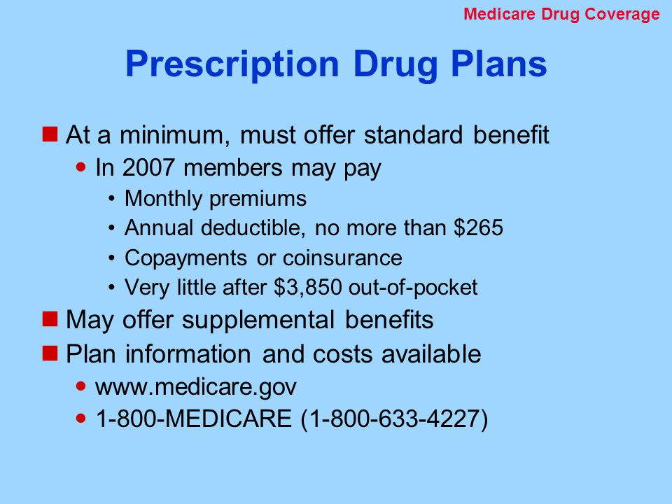 Prescription Drug Plans At a minimum, must offer standard benefit In 2007 members may pay Monthly premiums Annual deductible, no more than $265 Copayments or coinsurance Very little after $3,850 out-of-pocket May offer supplemental benefits Plan information and costs available MEDICARE ( ) Medicare Drug Coverage