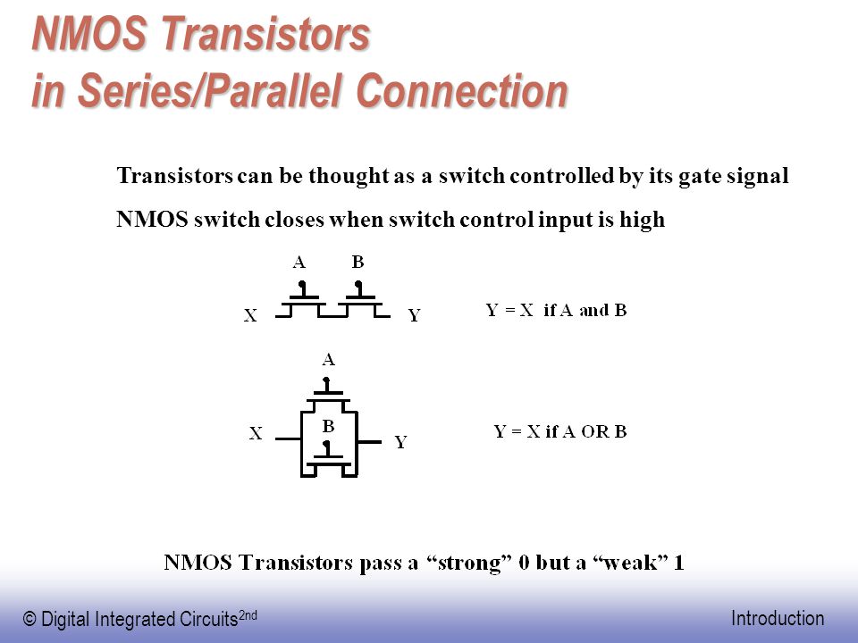 EE141 © Digital Integrated Circuits 2nd Introduction NMOS Transistors in Series/Parallel Connection Transistors can be thought as a switch controlled by its gate signal NMOS switch closes when switch control input is high