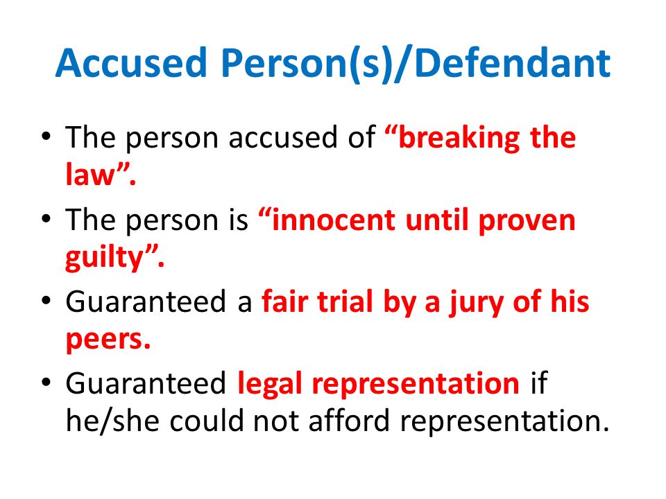 Accused Person(s)/Defendant The person accused of breaking the law .