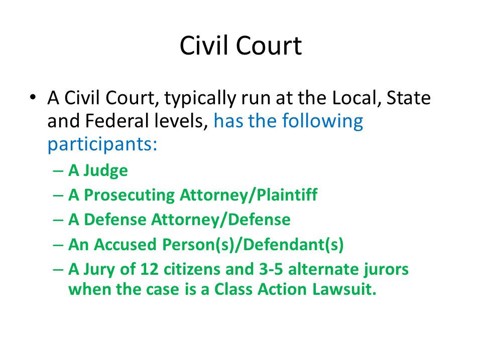 Civil Court A Civil Court, typically run at the Local, State and Federal levels, has the following participants: – A Judge – A Prosecuting Attorney/Plaintiff – A Defense Attorney/Defense – An Accused Person(s)/Defendant(s) – A Jury of 12 citizens and 3-5 alternate jurors when the case is a Class Action Lawsuit.