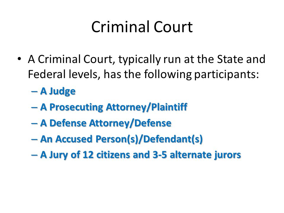Criminal Court A Criminal Court, typically run at the State and Federal levels, has the following participants: – A Judge – A Prosecuting Attorney/Plaintiff – A Defense Attorney/Defense – An Accused Person(s)/Defendant(s) – A Jury of 12 citizens and 3-5 alternate jurors