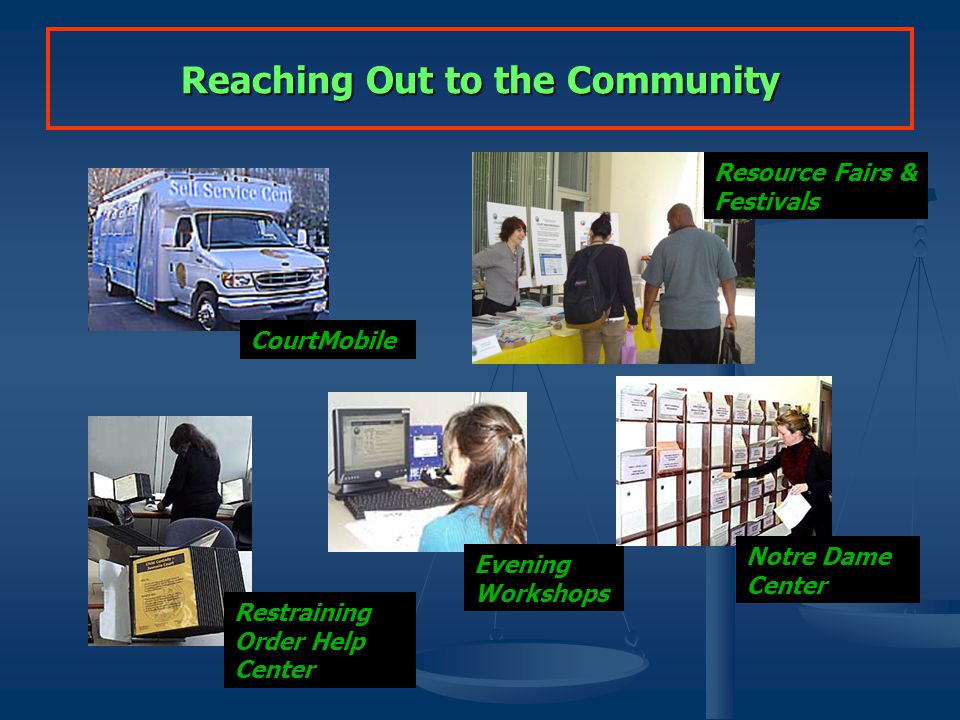 Reaching Out to the Community CourtMobile Resource Fairs & Festivals Restraining Order Help Center Evening Workshops Notre Dame Center