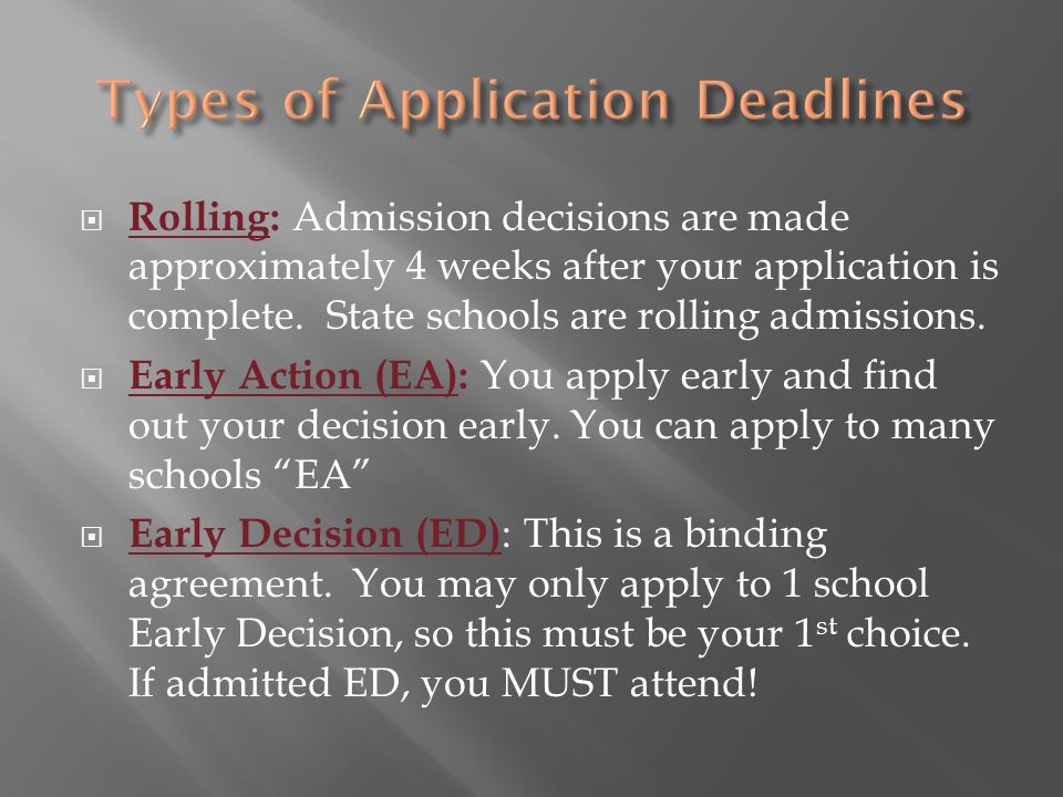  Rolling: Admission decisions are made approximately 4 weeks after your application is complete.
