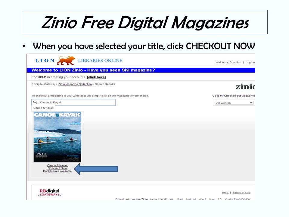 Zinio Free Digital Magazines When you have selected your title, click CHECKOUT NOW