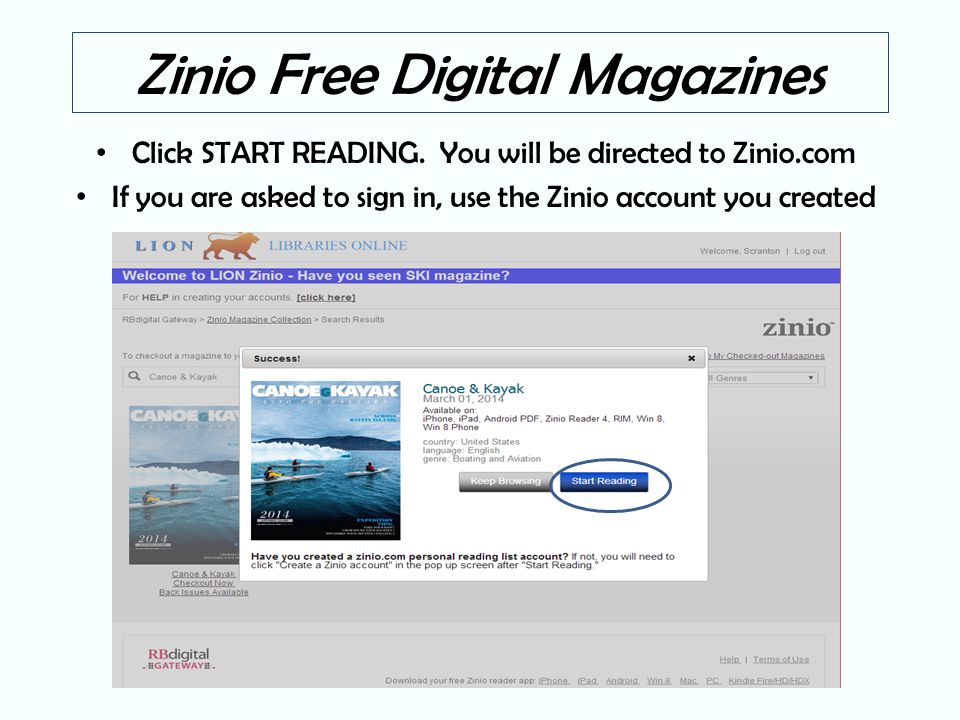 Zinio Free Digital Magazines Click START READING.