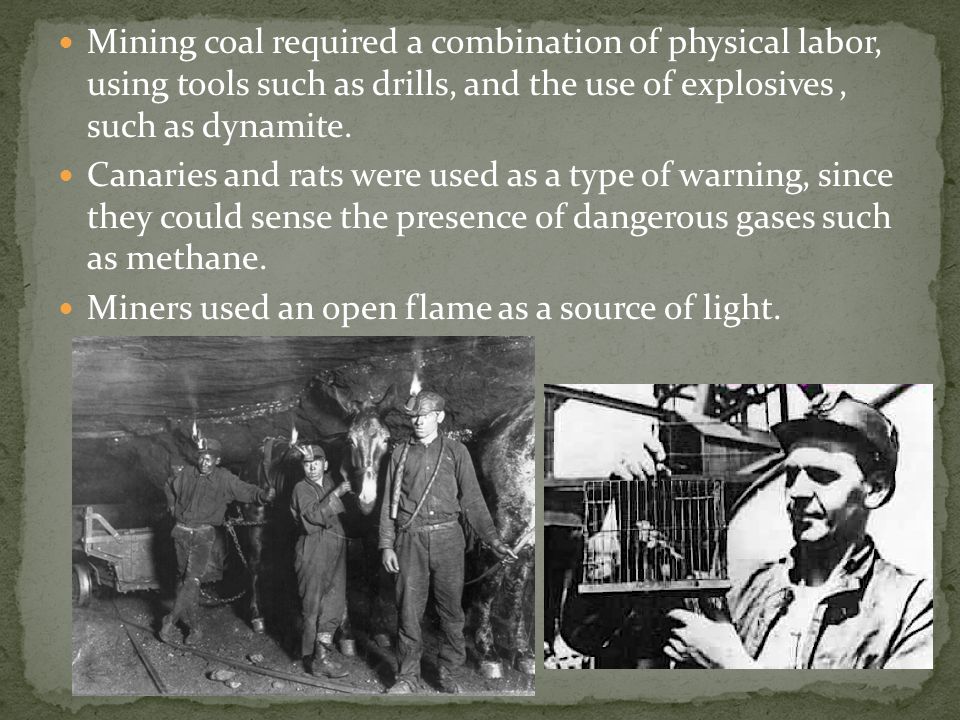 Mining coal required a combination of physical labor, using tools such as drills, and the use of explosives, such as dynamite.