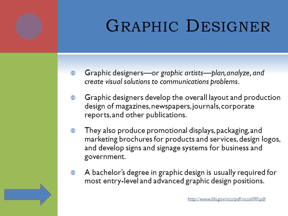 G RAPHIC D ESIGNER  Graphic designers—or graphic artists—plan, analyze, and create visual solutions to communications problems.