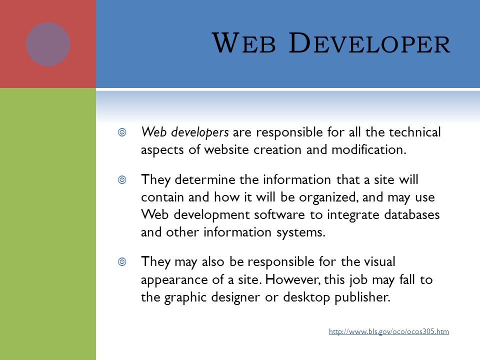 W EB D EVELOPER  Web developers are responsible for all the technical aspects of website creation and modification.