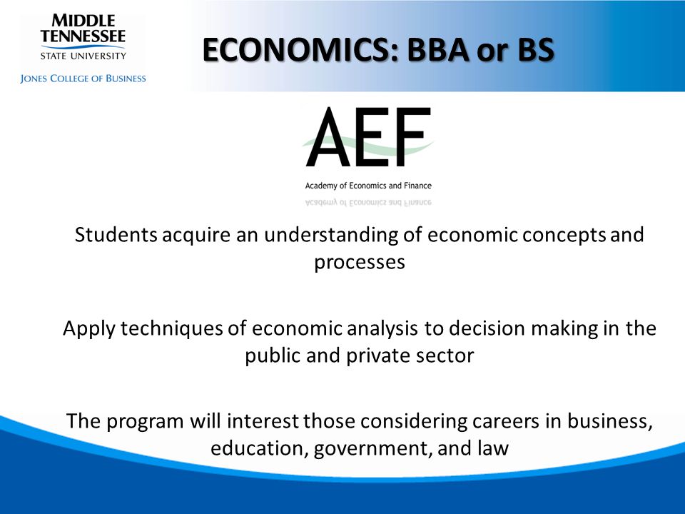 Students acquire an understanding of economic concepts and processes Apply techniques of economic analysis to decision making in the public and private sector The program will interest those considering careers in business, education, government, and law ECONOMICS: BBA or BS