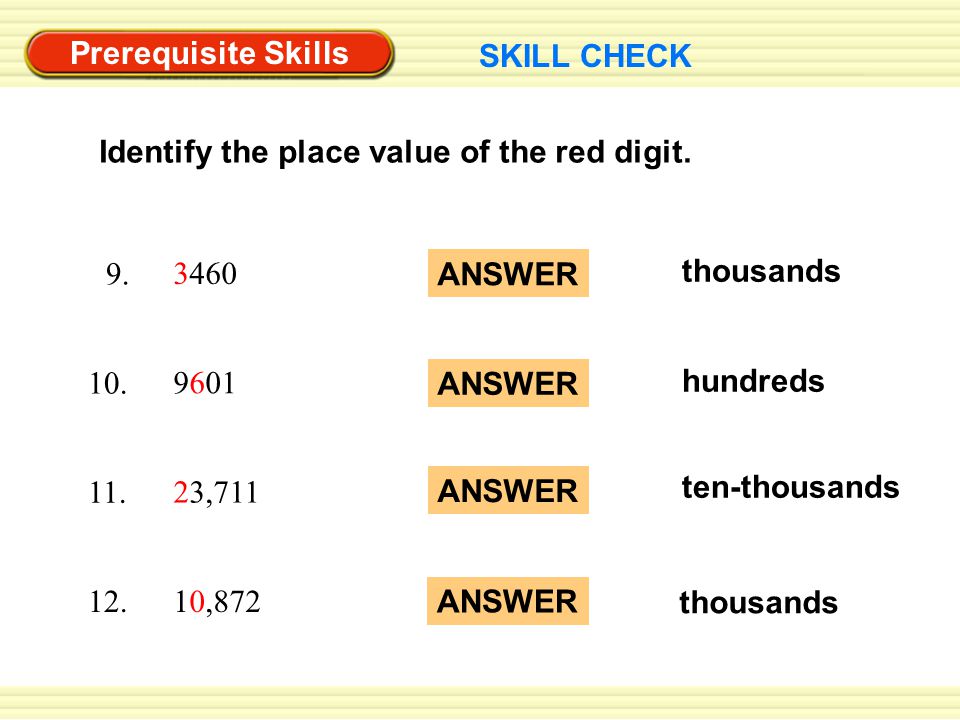 Prerequisite Skills SKILL CHECK Identify the place value of the red digit.