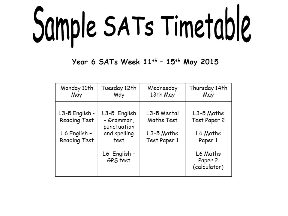 Year 6 SATs Week 11 th – 15 th May 2015 Monday 11th May Tuesday 12th May Wednesday 13th May Thursday 14th May L3-5 English - Reading Test L6 English – Reading Test L3-5 English – Grammar, punctuation and spelling test L6 English – GPS test L3-5 Mental Maths Test L3-5 Maths Test Paper 1 L3-5 Maths Test Paper 2 L6 Maths Paper 1 L6 Maths Paper 2 (calculator)