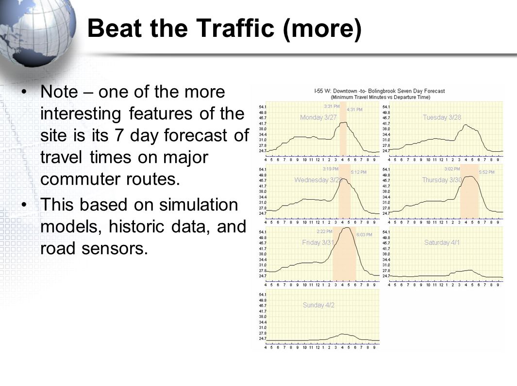 Beat the Traffic (more) Note – one of the more interesting features of the site is its 7 day forecast of travel times on major commuter routes.