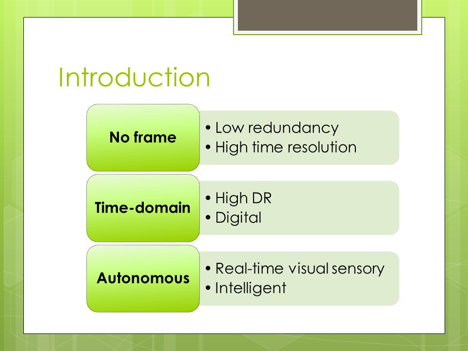 Introduction Low redundancy High time resolution No frame High DR Digital Time-domain Real-time visual sensory Intelligent Autonomous