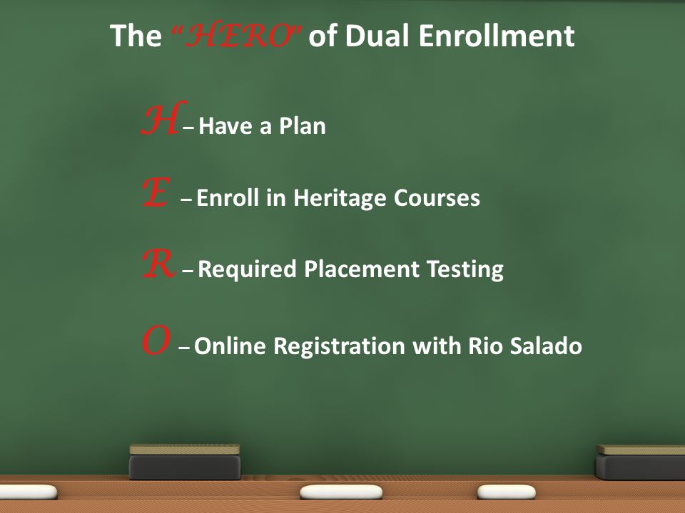 H – Have a Plan E – Enroll in Heritage Courses R – Required Placement Testing O – Online Registration with Rio Salado The HERO of Dual Enrollment