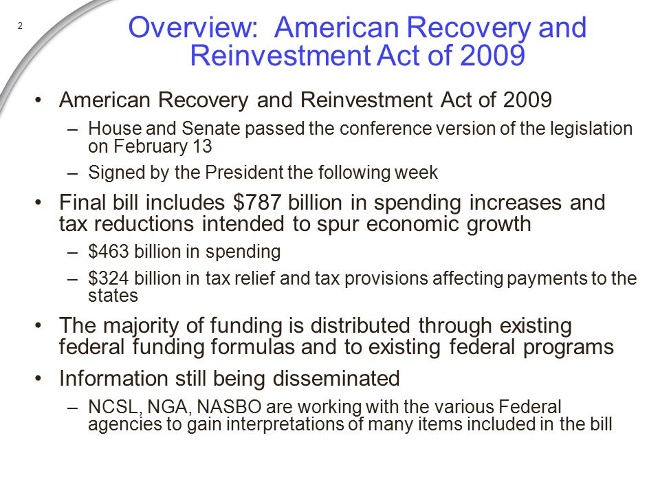 Summary of the “American Recovery and Reinvestment Act of 2009” as