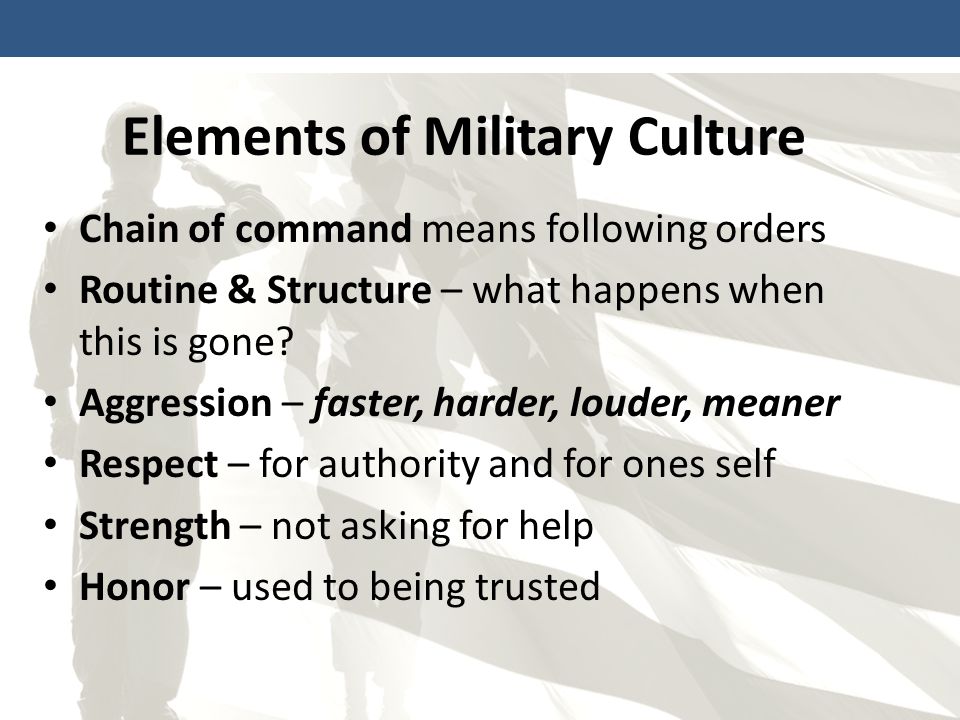 Elements of Military Culture Chain of command means following orders Routine & Structure – what happens when this is gone.
