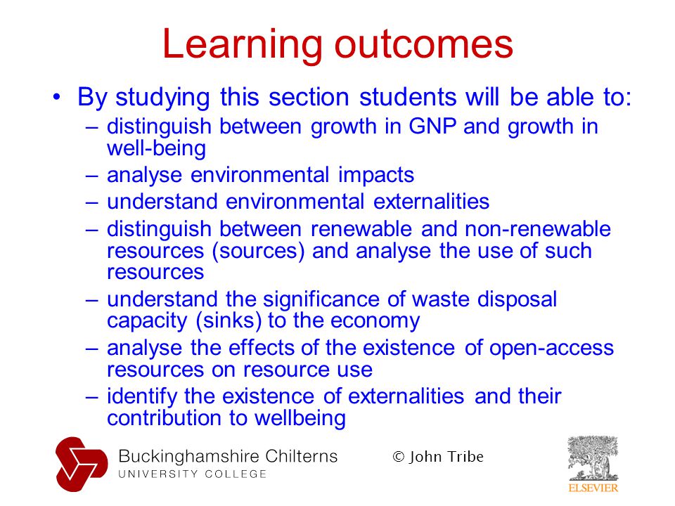 Learning outcomes By studying this section students will be able to: –distinguish between growth in GNP and growth in well-being –analyse environmental impacts –understand environmental externalities –distinguish between renewable and non-renewable resources (sources) and analyse the use of such resources –understand the significance of waste disposal capacity (sinks) to the economy –analyse the effects of the existence of open-access resources on resource use –identify the existence of externalities and their contribution to wellbeing
