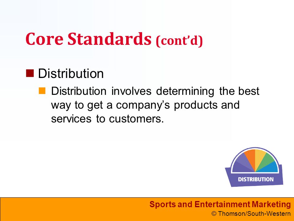 Sports and Entertainment Marketing © Thomson/South-Western Core Standards (cont’d) Distribution Distribution involves determining the best way to get a company’s products and services to customers.
