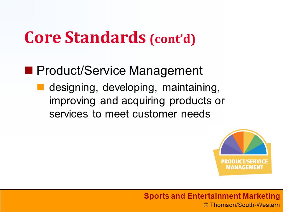 Sports and Entertainment Marketing © Thomson/South-Western Core Standards (cont’d) Product/Service Management designing, developing, maintaining, improving and acquiring products or services to meet customer needs