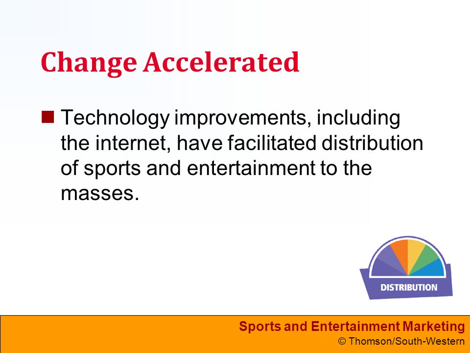 Sports and Entertainment Marketing © Thomson/South-Western Change Accelerated Technology improvements, including the internet, have facilitated distribution of sports and entertainment to the masses.