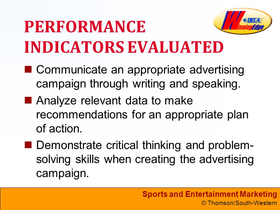Sports and Entertainment Marketing © Thomson/South-Western PERFORMANCE INDICATORS EVALUATED Communicate an appropriate advertising campaign through writing and speaking.