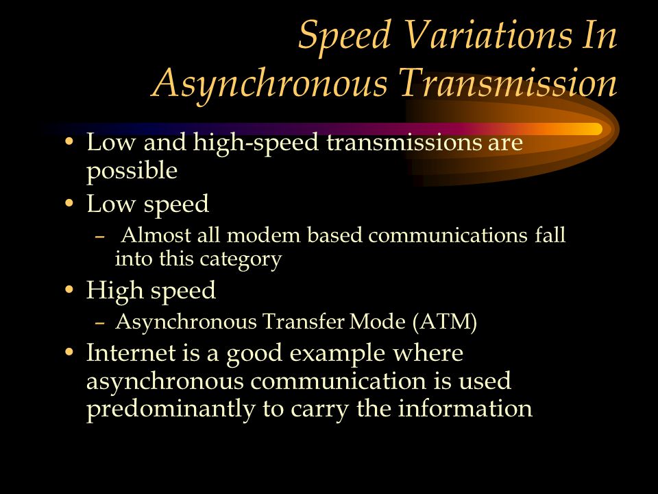 Speed Variations In Asynchronous Transmission Low and high-speed transmissions are possible Low speed – Almost all modem based communications fall into this category High speed –Asynchronous Transfer Mode (ATM) Internet is a good example where asynchronous communication is used predominantly to carry the information