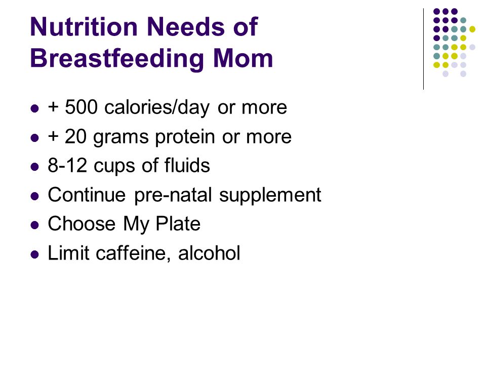 Nutrition Needs of Breastfeeding Mom calories/day or more + 20 grams protein or more 8-12 cups of fluids Continue pre-natal supplement Choose My Plate Limit caffeine, alcohol