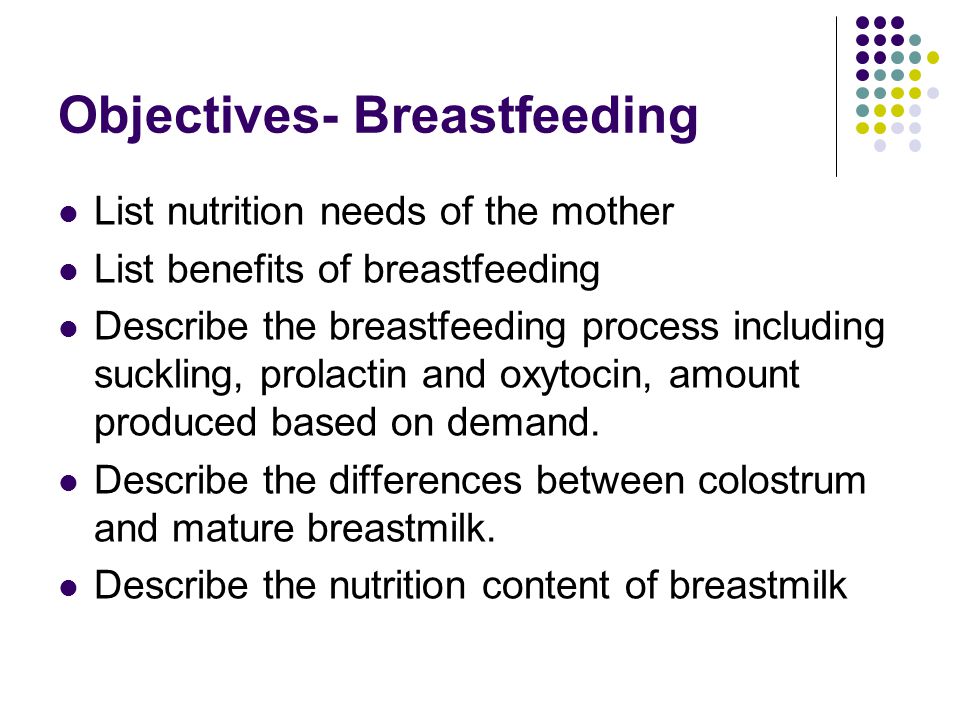 Objectives- Breastfeeding List nutrition needs of the mother List benefits of breastfeeding Describe the breastfeeding process including suckling, prolactin and oxytocin, amount produced based on demand.