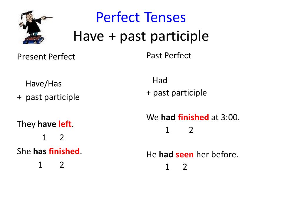 Perfect Tenses Have + past participle Present Perfect Have/Has + past participle They have left.