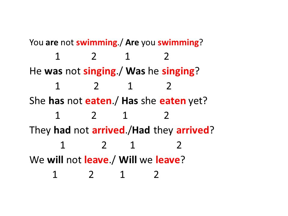 You are not swimming./ Are you swimming He was not singing./ Was he singing.