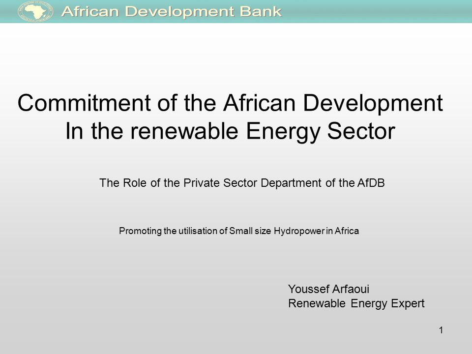 1 Commitment of the African Development In the renewable Energy Sector The Role of the Private Sector Department of the AfDB Youssef Arfaoui Renewable Energy Expert Promoting the utilisation of Small size Hydropower in Africa