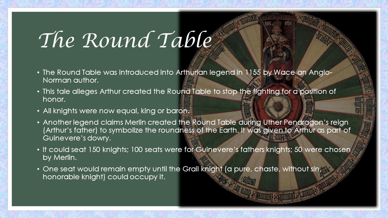 The Round Table The Round Table was introduced into Arthurian legend in 1155 by Wace an Anglo- Norman author.