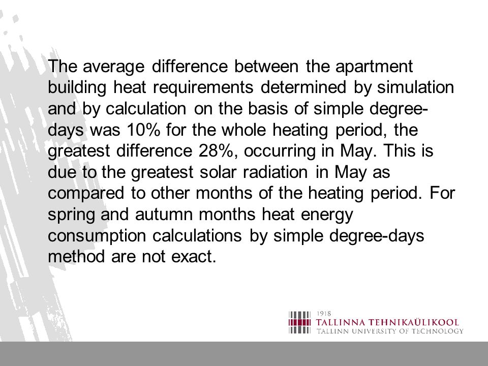 The average difference between the apartment building heat requirements determined by simulation and by calculation on the basis of simple degree- days was 10% for the whole heating period, the greatest difference 28%, occurring in May.