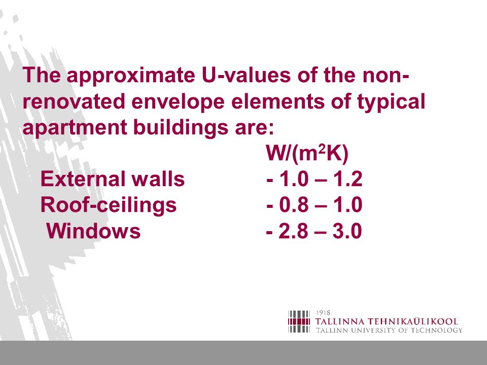 The approximate U-values of the non- renovated envelope elements of typical apartment buildings are: W/(m 2 K) External walls- 1.0 – 1.2 Roof-ceilings- 0.8 – 1.0 Windows – 3.0