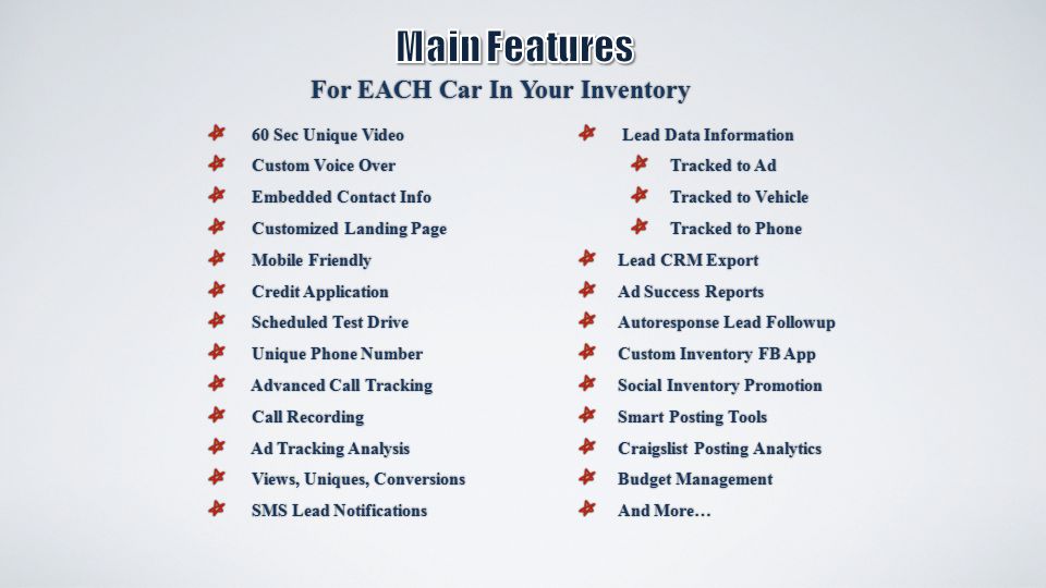 For EACH Car In Your Inventory 60 Sec Unique Video 60 Sec Unique Video Custom Voice Over Custom Voice Over Embedded Contact Info Embedded Contact Info Customized Landing Page Customized Landing Page Mobile Friendly Mobile Friendly Credit Application Credit Application Scheduled Test Drive Scheduled Test Drive Unique Phone Number Unique Phone Number Advanced Call Tracking Advanced Call Tracking Call Recording Call Recording Ad Tracking Analysis Ad Tracking Analysis Views, Uniques, Conversions Views, Uniques, Conversions SMS Lead Notifications SMS Lead Notifications Lead Data Information Lead Data Information Tracked to Ad Tracked to Vehicle Tracked to Phone Lead CRM Export Ad Success Reports Autoresponse Lead Followup Custom Inventory FB App Social Inventory Promotion Smart Posting Tools Craigslist Posting Analytics Budget Management And More…