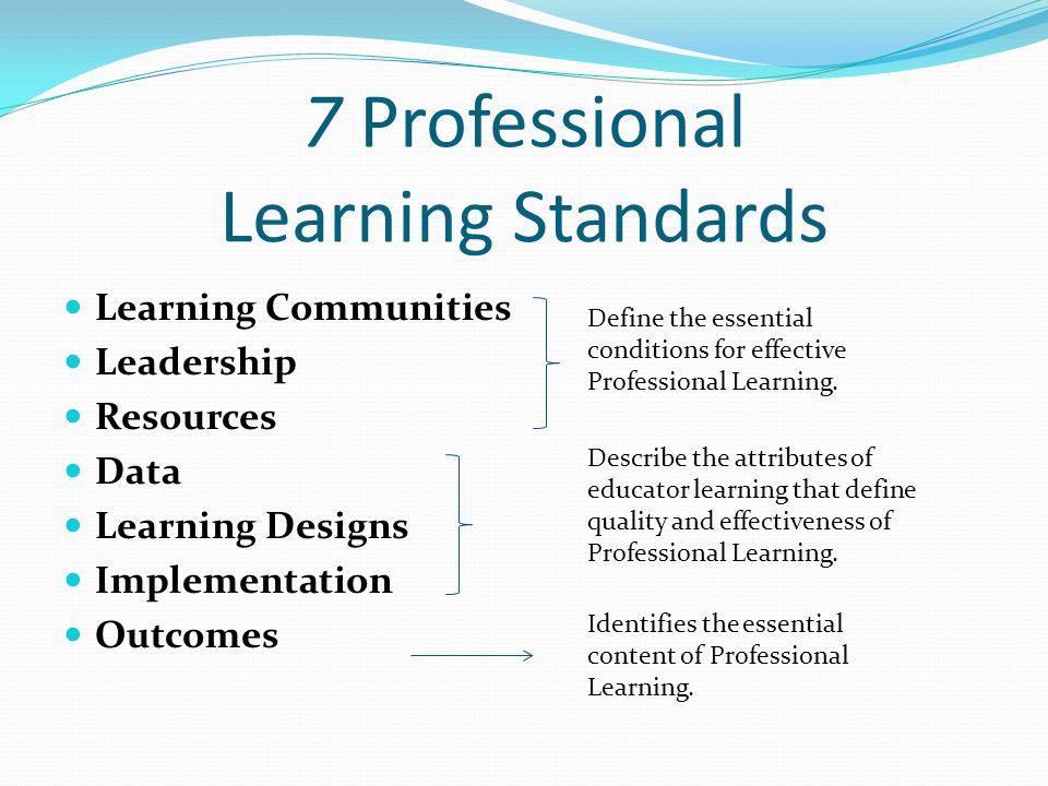7 Professional Learning Standards Learning Communities Leadership Resources Data Learning Designs Implementation Outcomes Define the essential conditions for effective Professional Learning.