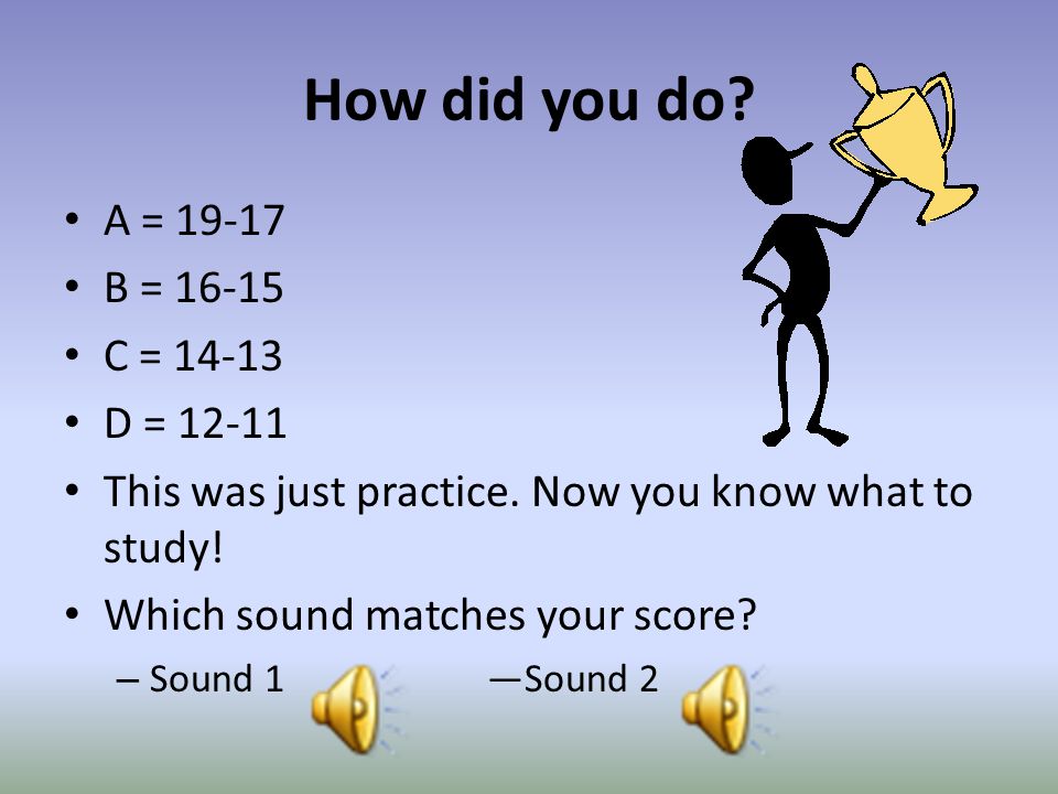 How did you do. A = B = C = D = This was just practice.
