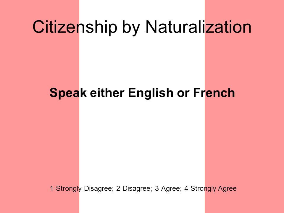 Citizenship by Naturalization Speak either English or French 1-Strongly Disagree; 2-Disagree; 3-Agree; 4-Strongly Agree