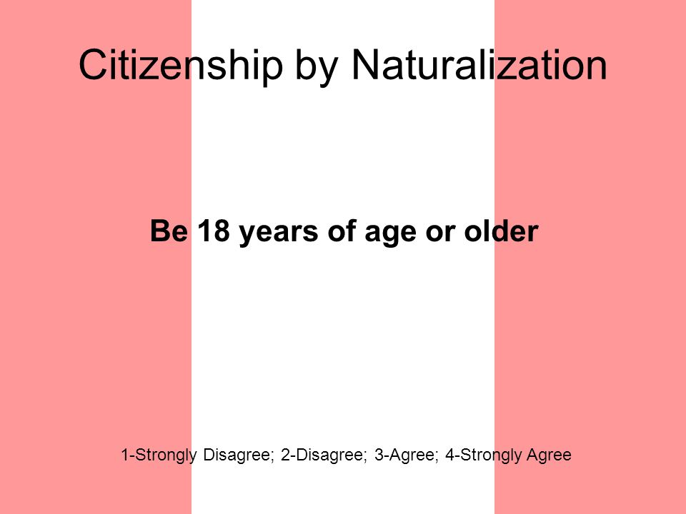 Citizenship by Naturalization Be 18 years of age or older 1-Strongly Disagree; 2-Disagree; 3-Agree; 4-Strongly Agree