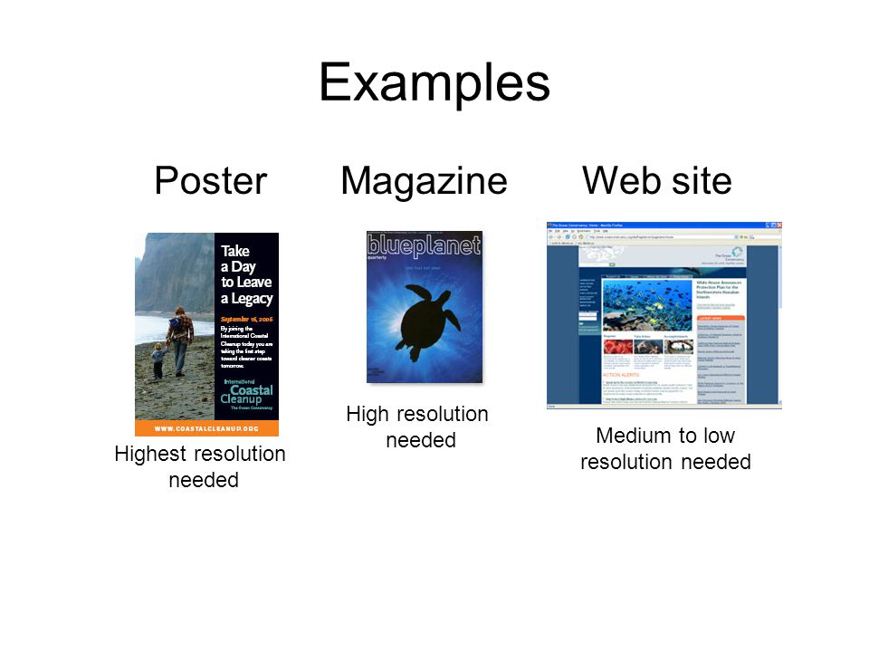 Examples Poster Magazine Web site Highest resolution needed High resolution needed Medium to low resolution needed