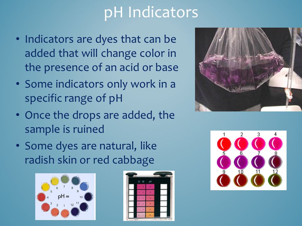 pH Indicators Indicators are dyes that can be added that will change color in the presence of an acid or base Some indicators only work in a specific range of pH Once the drops are added, the sample is ruined Some dyes are natural, like radish skin or red cabbage