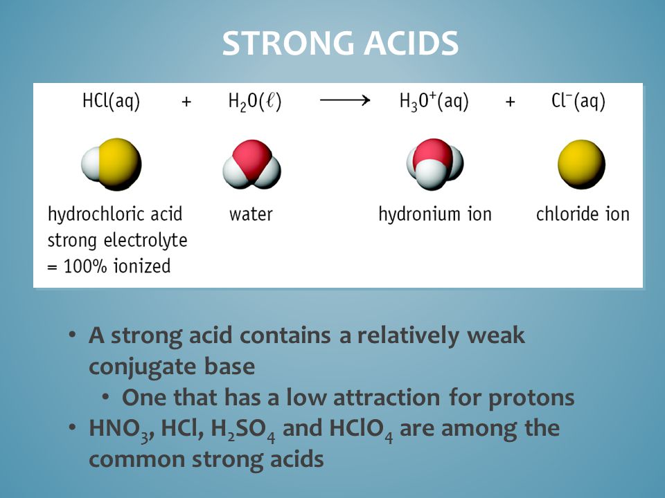 STRONG ACIDS A strong acid contains a relatively weak conjugate base One that has a low attraction for protons HNO 3, HCl, H 2 SO 4 and HClO 4 are among the common strong acids
