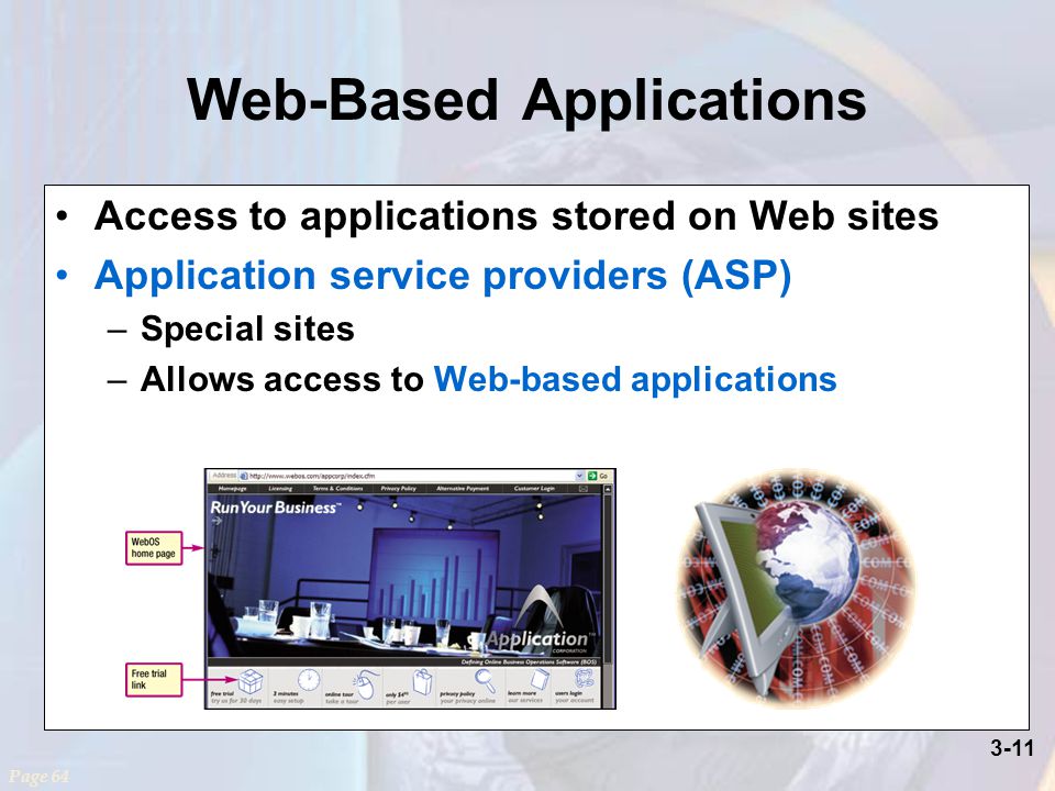 3-11 Web-Based Applications Access to applications stored on Web sites Application service providers (ASP) –Special sites –Allows access to Web-based applications Page 64
