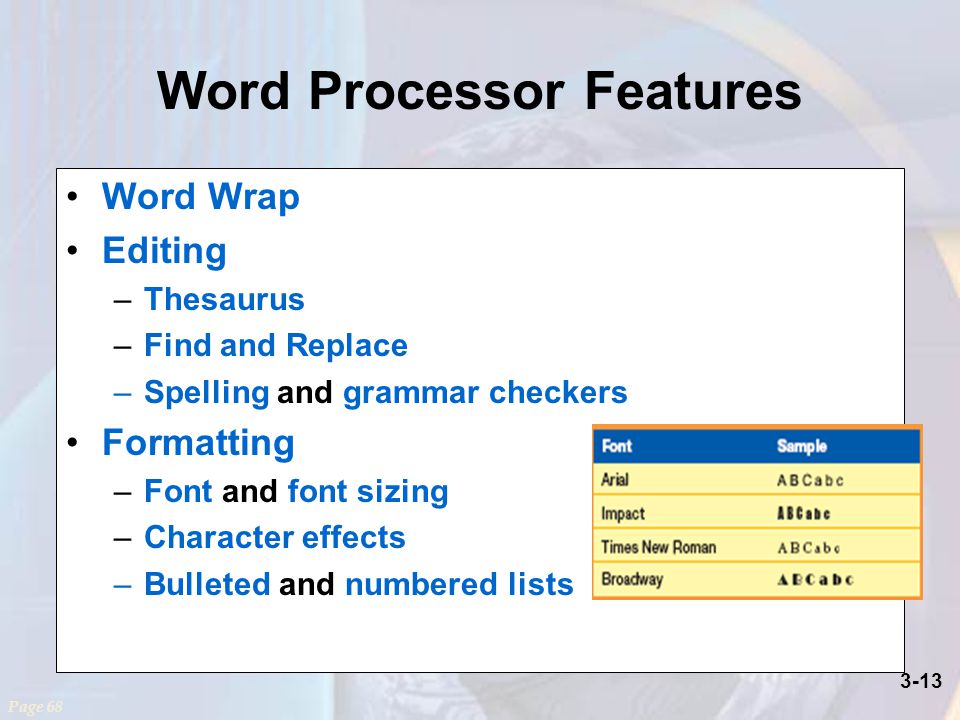 3-13 Word Processor Features Word Wrap Editing –Thesaurus –Find and Replace –Spelling and grammar checkers Formatting –Font and font sizing –Character effects –Bulleted and numbered lists Page 68